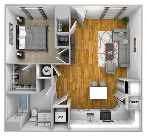 Floor plan for 1 bed, 1 bath, 656 sqft